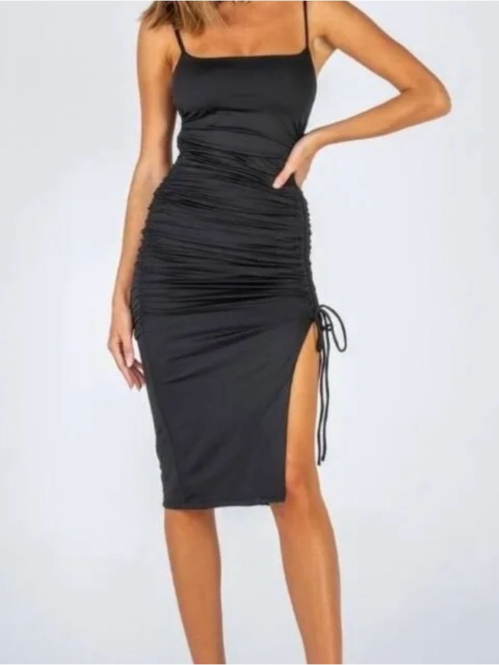 Princess Polly Black Ruched Midi Slip Dress with Spaghetti Straps and Slit